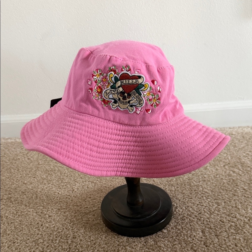 Ed Hardy Pink Bucket Hat with Embroidered Skull & Heart Patch- NWT
